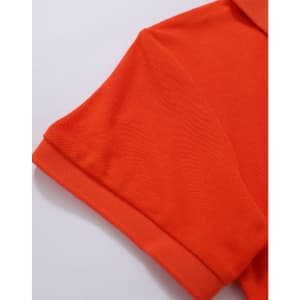 An orange polo shirt featuring a folded collar and short sleeves, with a logo on the chest area.