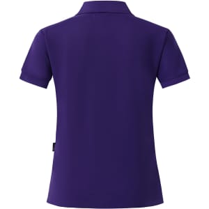 A purple ladies' polo shirt featuring a collared neckline and short sleeves, with a brand logo at the hem.