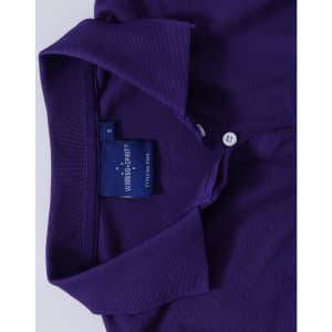 A purple ladies' polo shirt featuring a classic collar and a logo tag near the neckline.