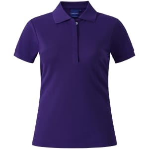 A purple ladies' polo shirt featuring a collared neckline and short sleeves, with a logo on the chest.