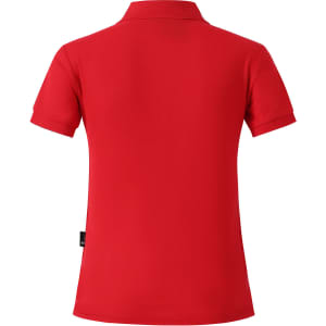 A red ladies' polo shirt featuring short sleeves and a collar, with a branding logo on the side.
