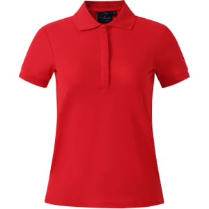 A red ladies' polo shirt with a collar and short sleeves, featuring a branding logo.