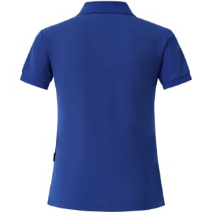 A blue women's polo shirt with a classic collar and short sleeves, featuring a logo on the back.