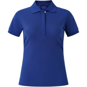 A blue ladies' polo shirt with a collar and short sleeves, featuring a logo on the side.