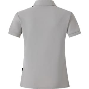 A grey ladies' polo shirt with a collar and short sleeves, featuring a logo on the back.