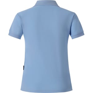 A light blue ladies' polo shirt featuring a collar and rolled sleeves, with a logo on the side.