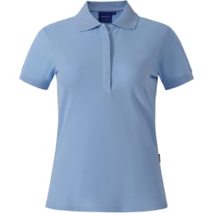 Light blue ladies' polo shirt with a collar and short sleeves. The shirt features a logo on it.