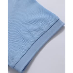 A light blue polo shirt with a textured finish, featuring a folded sleeve and a branding logo.