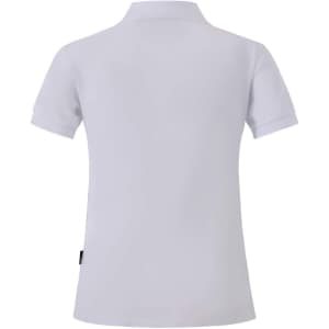 A white ladies' polo shirt featuring a collar and a logo on the side. The back is plain with no additional design.