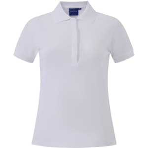 A ladies' polo shirt in white with a contrasting collar, featuring a logo.
