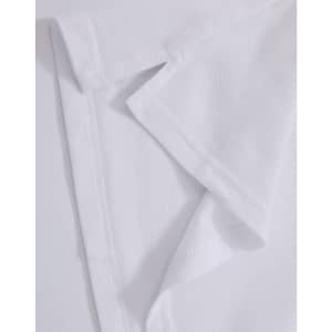 A close-up of a white polo shirt fabric, showcasing the collar and stitching details. Contains a logo.