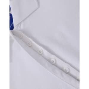 A white polo shirt featuring a button placket and a collar, with a logo present.