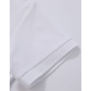 A white polo shirt featuring a textured fabric and a folded sleeve detail. It includes a logo.