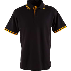 A black polo shirt with yellow striped detailing on the collar and sleeves, featuring a logo.