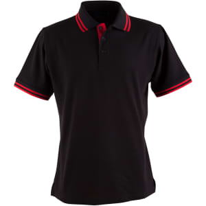 A black polo shirt featuring red stripes on the collar and sleeves, with a logo on the chest.