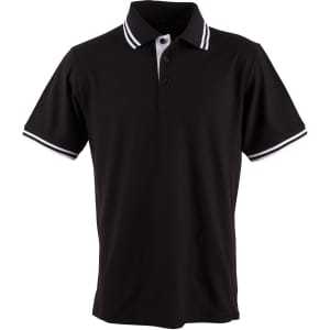 A black polo shirt with white collar and sleeve stripes, featuring a logo on the chest.