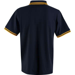 A navy polo shirt with yellow and gold striped detailing on the collar and sleeves, featuring a logo.