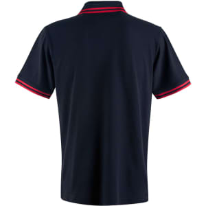 A navy blue polo shirt featuring red stripes on the collar and sleeves, with a logo on the chest.
