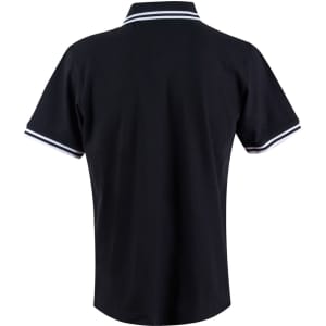 A black polo shirt with a classic collar and contrasting trim on the sleeves, featuring a logo.