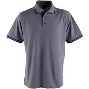 A men's grey polo shirt featuring a classic collar and contrasting stripes on the sleeves. It has a logo on the chest.