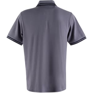 A grey polo shirt with short sleeves and contrasting striped details on the collar and sleeves. It features a logo.