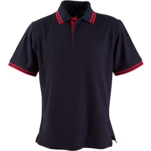 A navy blue polo shirt with red-striped accents on the collar and sleeves, featuring a logo.