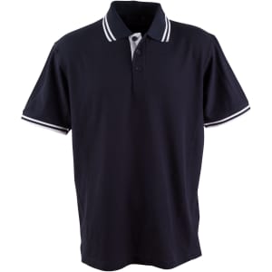 A dark navy polo shirt with contrasting white stripes on the collar and sleeves, featuring a logo.