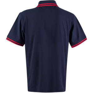 A navy polo shirt featuring red detailing on the collar and sleeves, with a logo present.