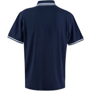 A navy blue men's polo shirt with white detailing on the collar and sleeves, featuring a logo.