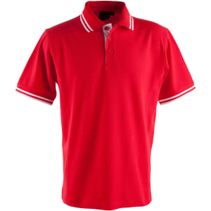 A red polo shirt with white striped accents on the collar and sleeves, featuring a buttoned placket and a logo.