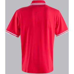 A red polo shirt featuring contrasting stripes on the collar and sleeves, with a logo on the front.