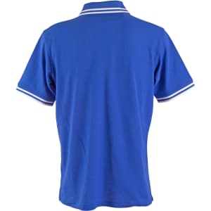 A blue polo shirt featuring contrast white trim on the collar and sleeves. Includes a logo on the front.