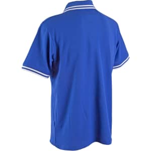 A blue men's polo shirt with contrasting white stripes on the collar and sleeves, featuring a logo.