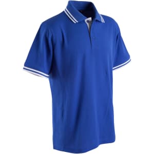 A blue polo shirt with contrasting white stripes on the collar and sleeves, featuring a logo.