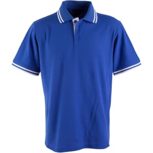 A blue polo shirt with white stripes on the collar and sleeves, featuring a logo.