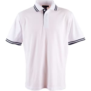 A white polo shirt featuring navy blue stripes on the collar and sleeves, with a three-button placket and a logo.