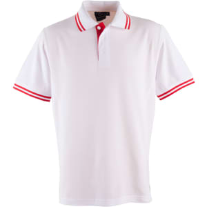 A white polo shirt with red striped sleeves and a three-button placket. It features a logo on the chest.