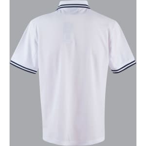 A white polo shirt featuring a collar with navy stripes and a logo on the back.
