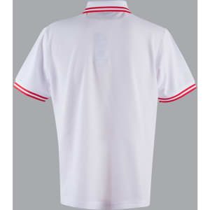 A white polo shirt featuring red striped detailing on the collar and sleeves. It has a logo on the front.