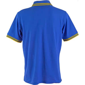 A blue polo shirt with yellow and green striped detailing on the collar and sleeves. It features a logo.