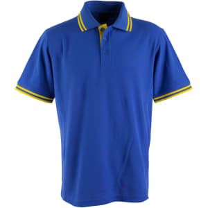 A blue polo shirt featuring yellow striped detailing on the collar and sleeves, with a logo on the chest.