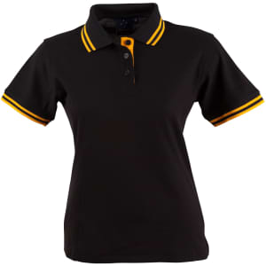 A black polo shirt with yellow striped detailing on the collar and sleeves. It features a logo on the chest.