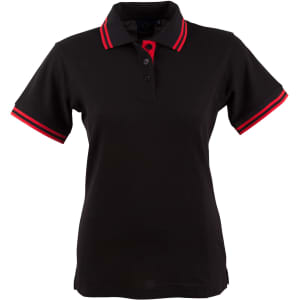A black ladies' polo shirt with red collar and sleeve accents. Features a collar and three-button placket, and has a logo.