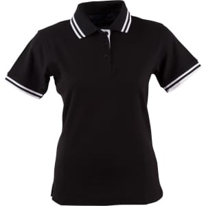 A black women's polo shirt with white-striped collar and sleeves, featuring a buttoned placket and branding.