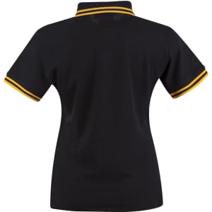 A black polo shirt featuring contrasting yellow stripes on the collar and sleeves. It has a logo.