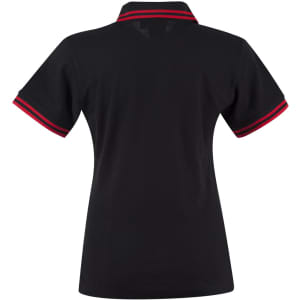 A black polo shirt with red-striped detailing on the collar and sleeves, featuring a logo.