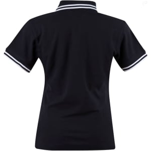 A black ladies' polo shirt featuring a classic collar and contrasting stripes on the sleeves.