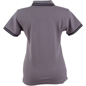 A ladies' short sleeve polo shirt in grey with contrasting trim, featuring a simple design and a logo.