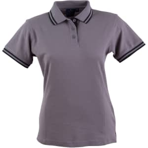 A ladies' polo shirt in grey with contrasting black stripes on the collar and sleeves. It features a logo.