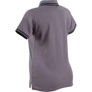 A grey women's polo shirt with contrasting stripes on the collar and sleeves, featuring a logo.